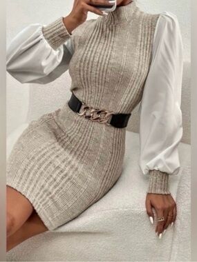 Ribbed Knit Sweater Dress with Puff Sleeves - Cream